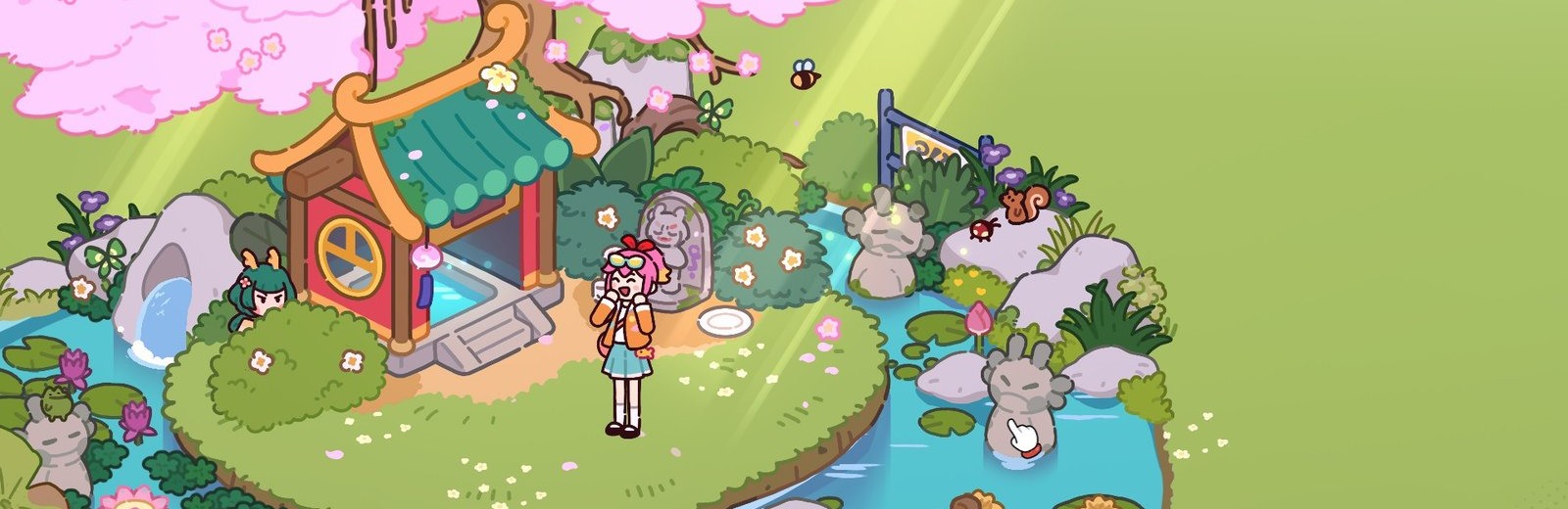 Lost and Found Co. opening guide image showing a bright shrine garden scene with layered scenery and small hidden-object details.