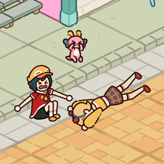 Lost and Found Co. stage art for Unexpected Outcome showing the crowded Plum Dragon Shrine reunion scene.