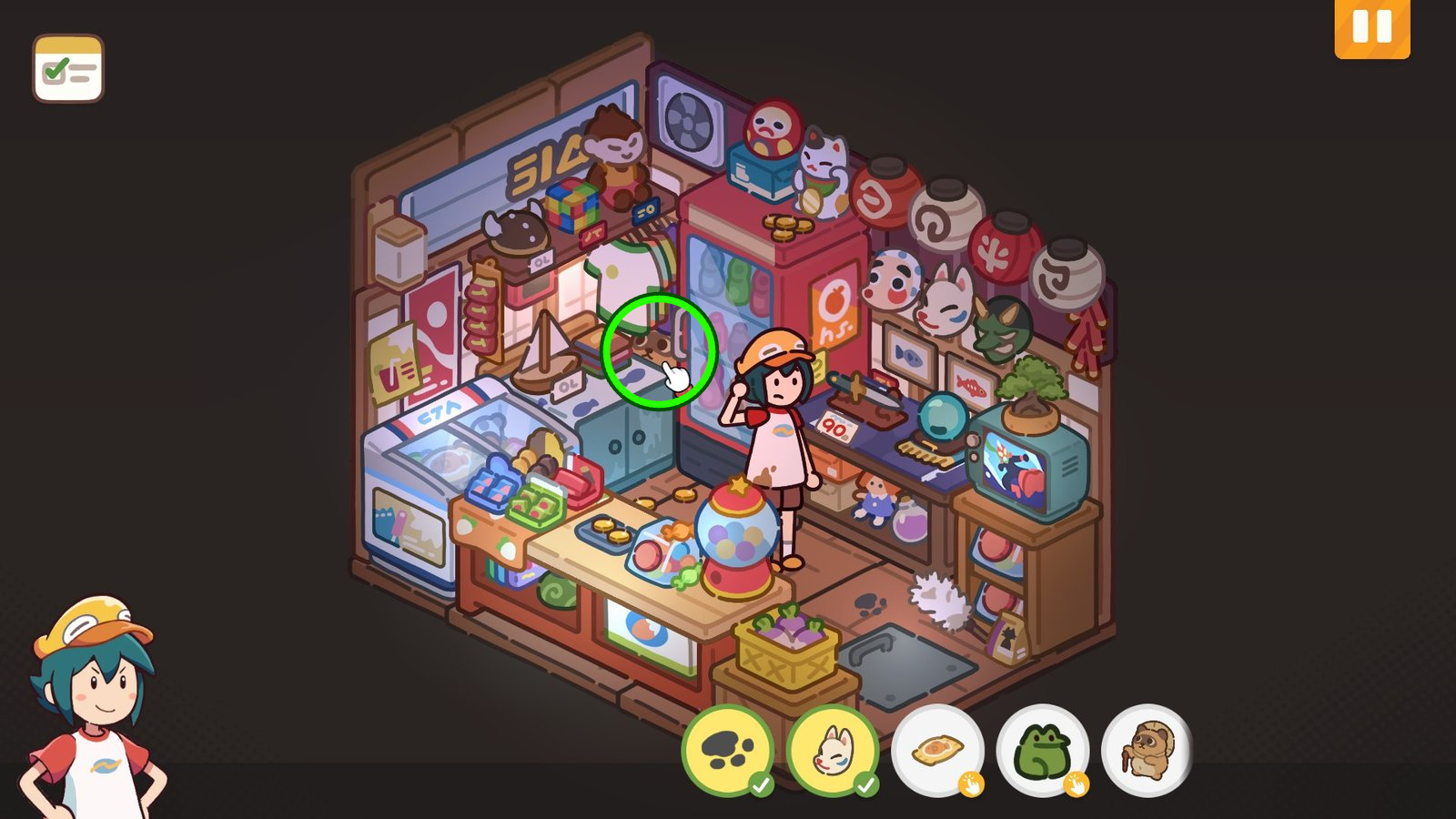 Tanuki highlighted under the shirt rack beside the red fridge