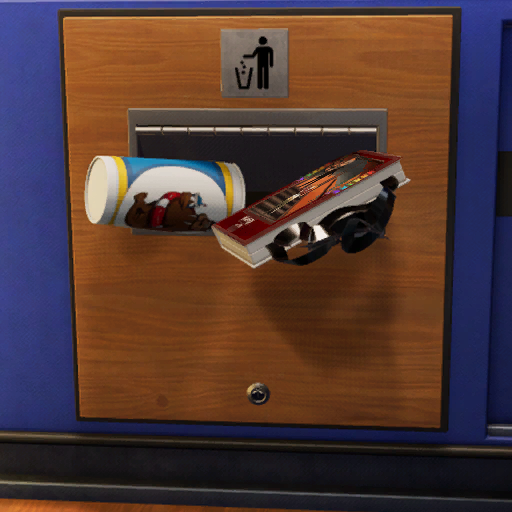 Retro Rewind trash disposal with a damaged tape and spilled drink