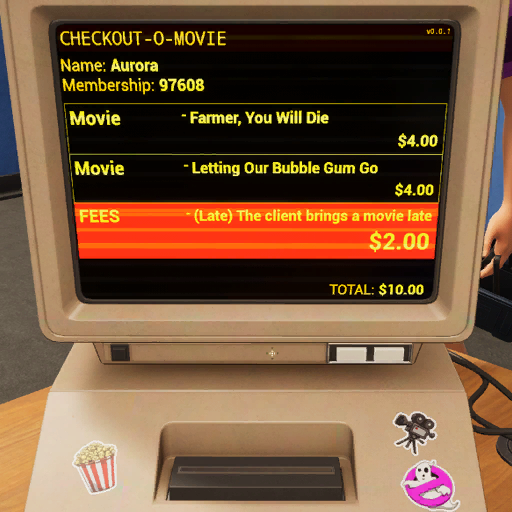 Retro Rewind late fee screen on a CRT checkout monitor