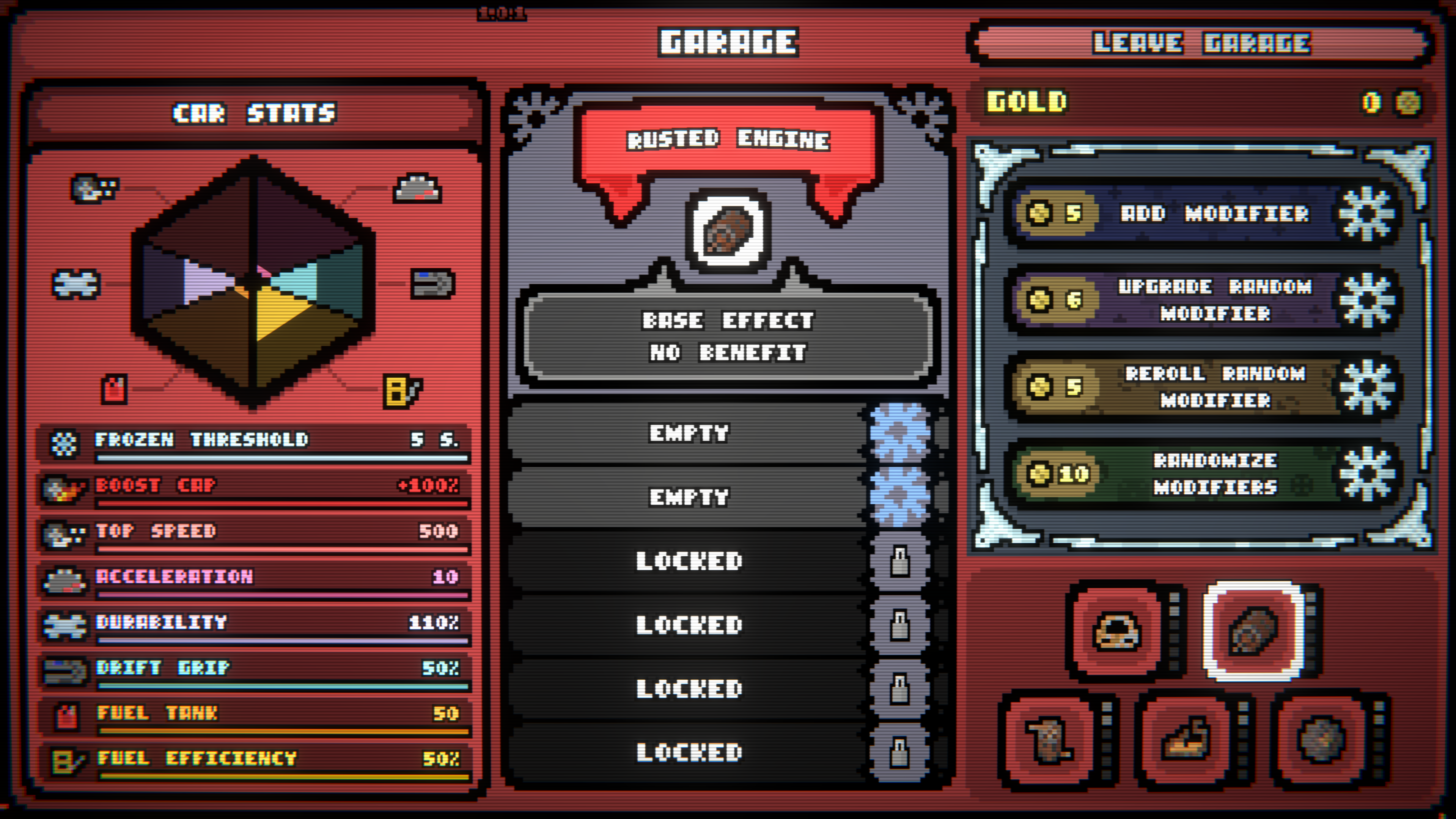 The Loopler Garage in version 1.0.1, showing car stats, a selected Rusted Engine with modifier slots, and modifier actions.