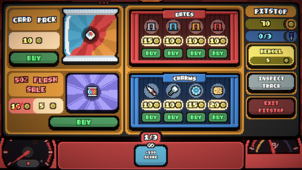 The Loopler Pit Stop with a card pack and sale item on the left, gate and charm offers in the center, and Reroll, Inspect Track, and Exit Pitstop on the right.