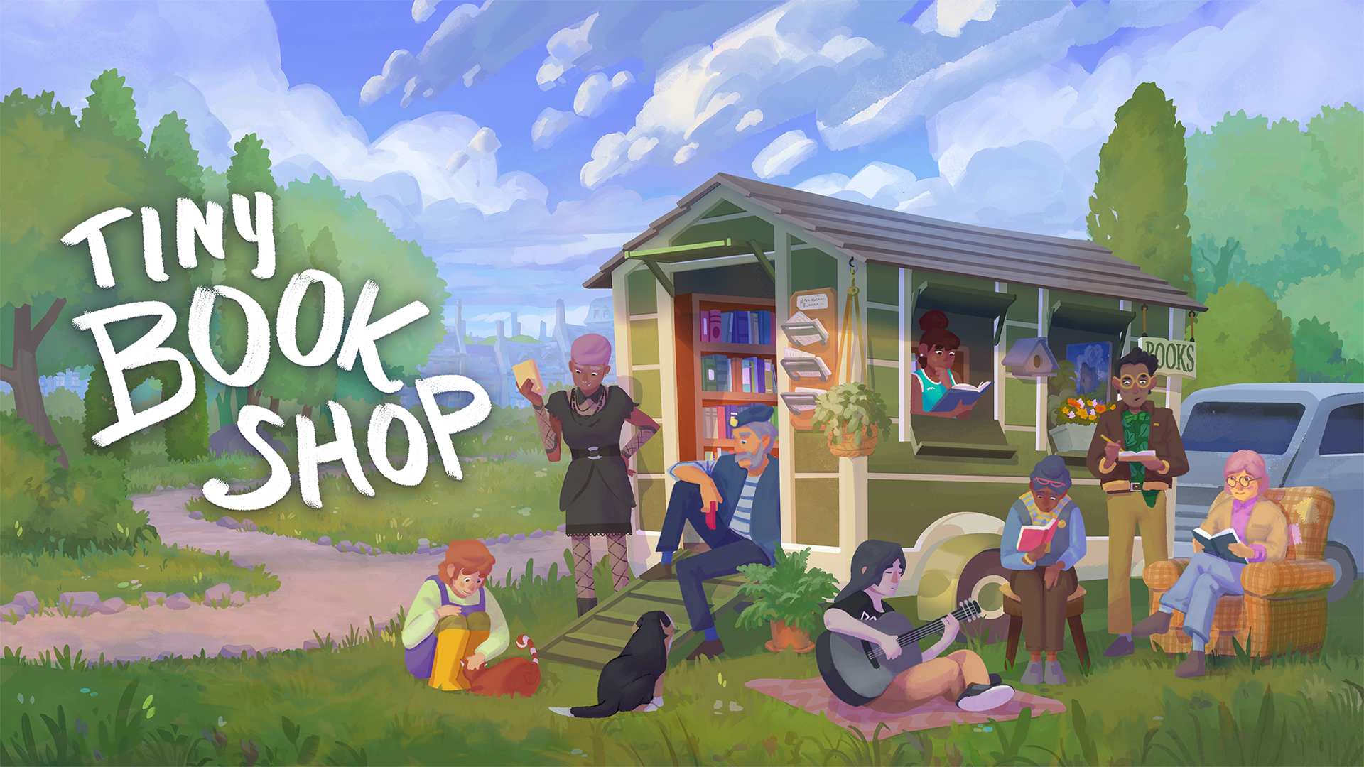 Tiny Bookshop key art showing the book trailer and characters gathered around it.