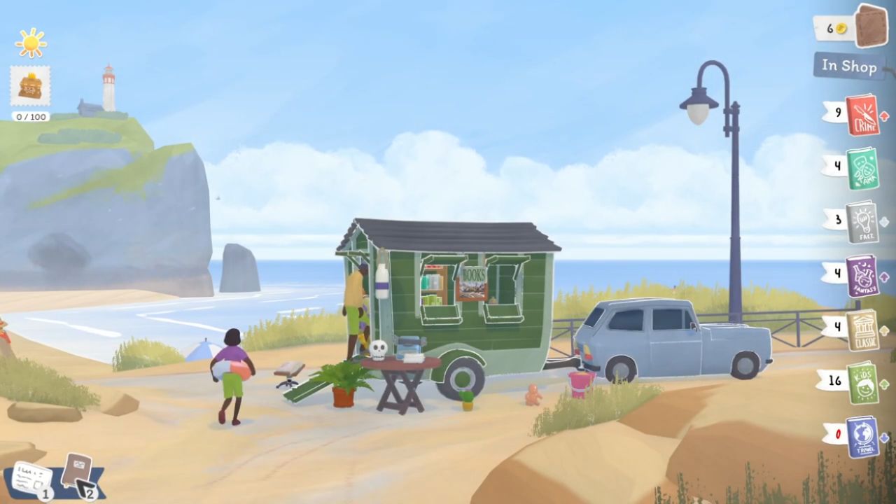 Tiny Bookshop gameplay screenshot showing the book trailer parked at a beach with the lighthouse in the distance.