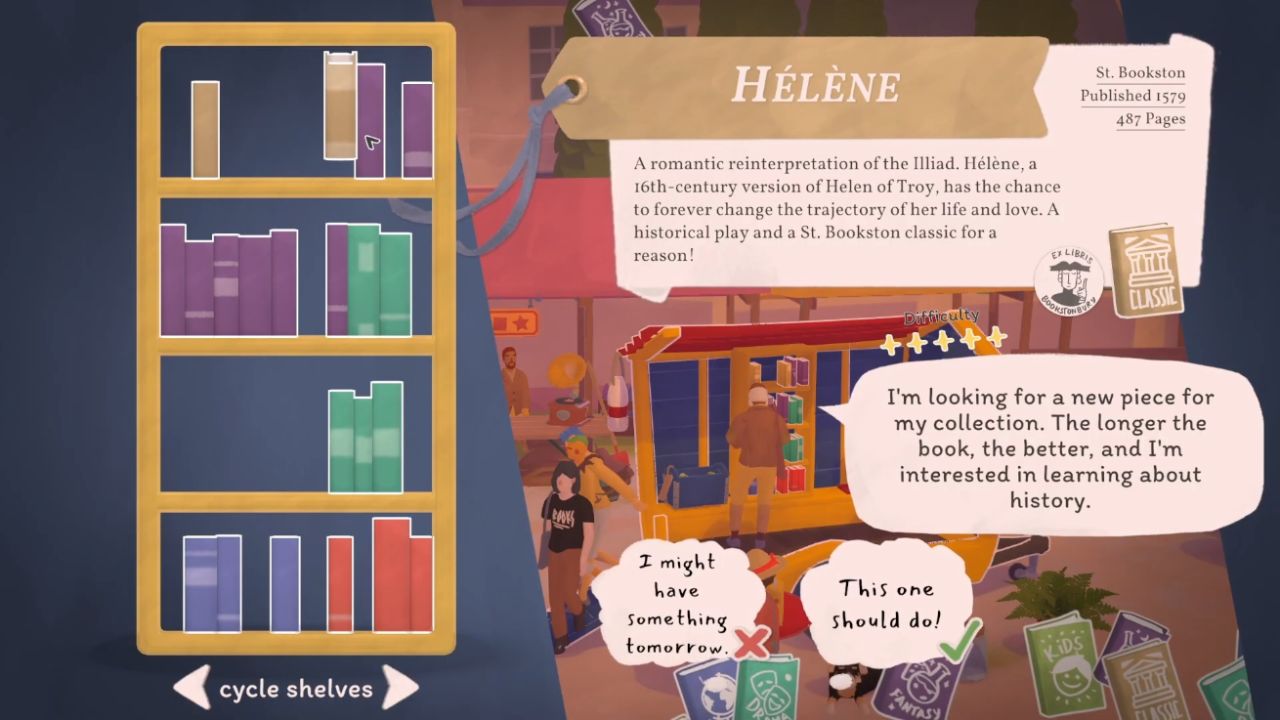Tiny Bookshop recommendation screen showing a selected book and a customer asking for a long book about history.