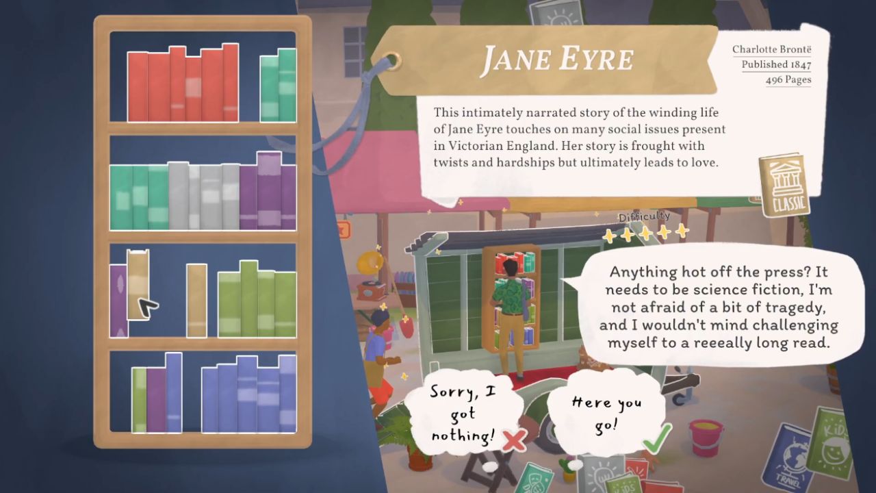 Tiny Bookshop recommendation screen showing books on a shelf, a selected title, and a customer request bubble.