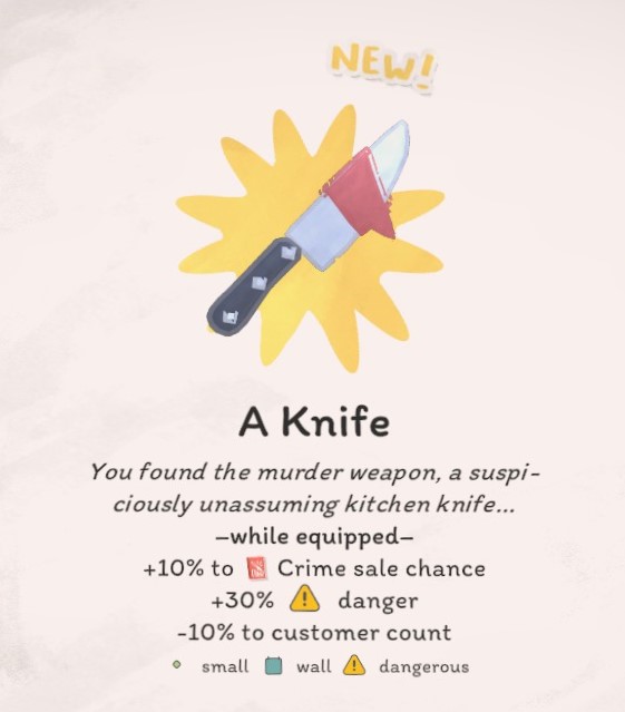 Tiny Bookshop item card showing a knife clue with crime and danger effects.