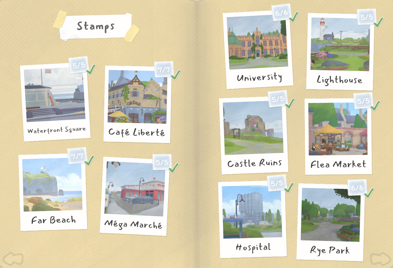 Tiny Bookshop journal spread showing location stamps for places like the Lighthouse, Cafe Liberte, University, and Far Beach.