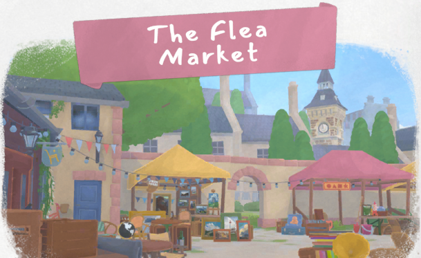 Tiny Bookshop location card showing the Flea Market with colorful tents and market stalls.