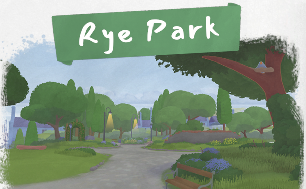 Tiny Bookshop location card showing Rye Park with trees, paths, and benches.
