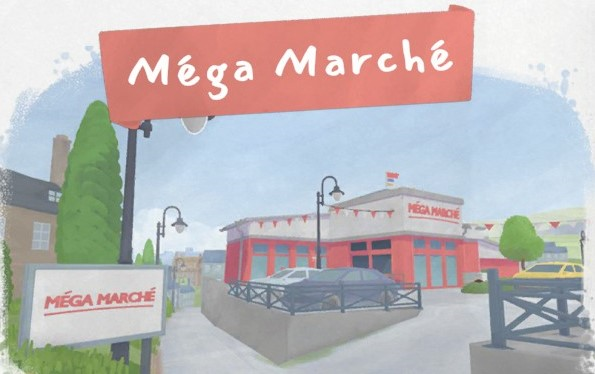 Tiny Bookshop location card showing Mega Marche and the store frontage.