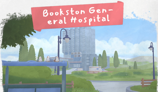 Tiny Bookshop location card showing Bookston General Hospital and the grounds outside.
