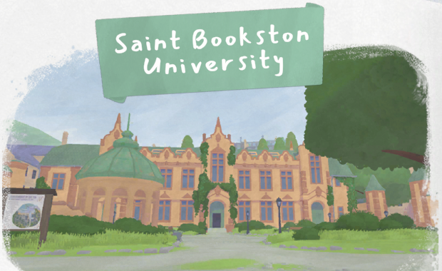 Tiny Bookshop location card showing Saint Bookston University and the front lawn.