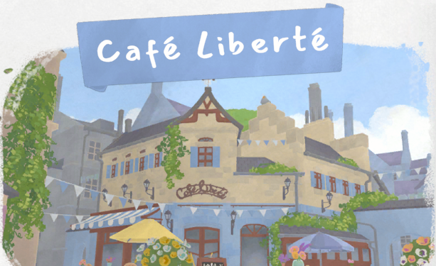 Tiny Bookshop location card showing Cafe Liberte with the cafe building and bunting.