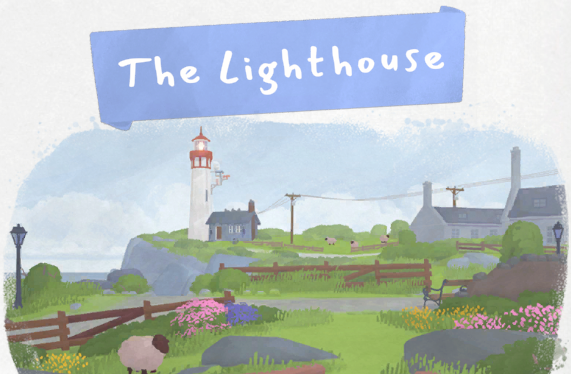 Tiny Bookshop location card showing the Lighthouse on the headland with flowers and pasture in front.