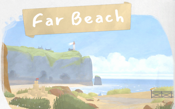 Tiny Bookshop location card showing Far Beach with cliffs, shoreline, and the lighthouse far away.