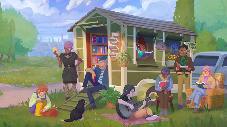 Tiny Bookshop scene art showing the green book trailer and readers gathered nearby.