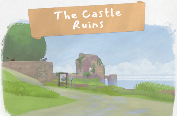 Tiny Bookshop location card showing the Castle Ruins path and broken stone walls.
