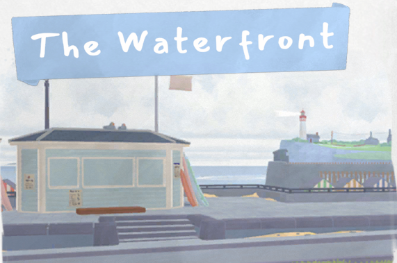 Tiny Bookshop location card showing the Waterfront with the beach hut and lighthouse in the distance.
